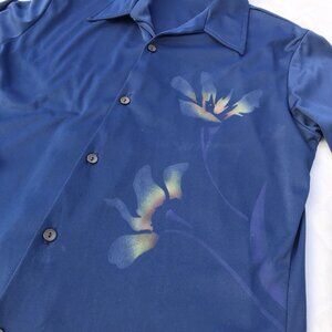 Vtg 70s Gallery LTD Calif Blue Disco Poly Button Down Floral Long Sleeve